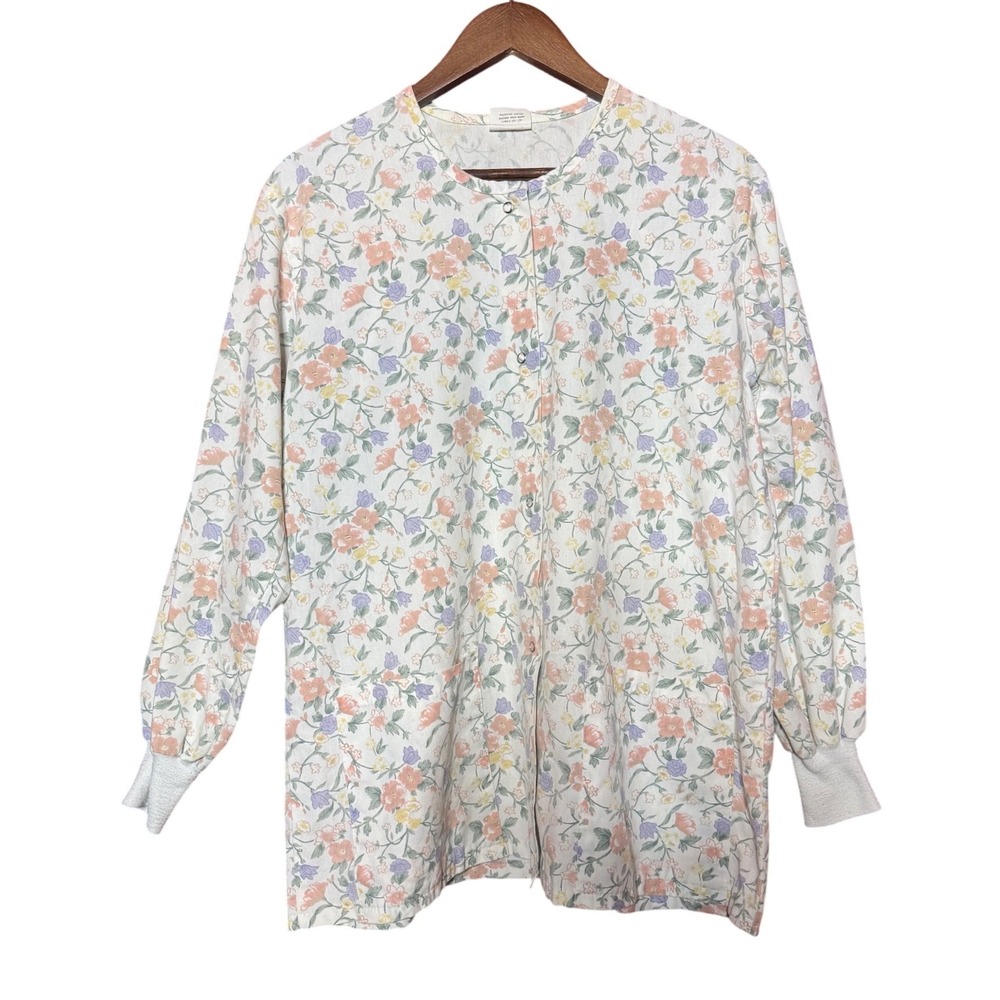 VTG Women Medium Floral Snap Front Cardigan Jacket Pastel Long Sleeve Ribb Cuffs